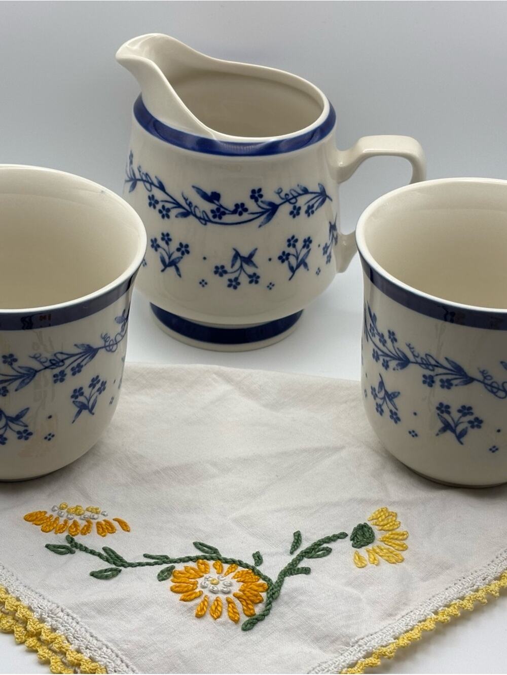 Vintage Blue Floral Coffee Cup Set & Creamer Pitcher Provence Bouquet Blue Sango